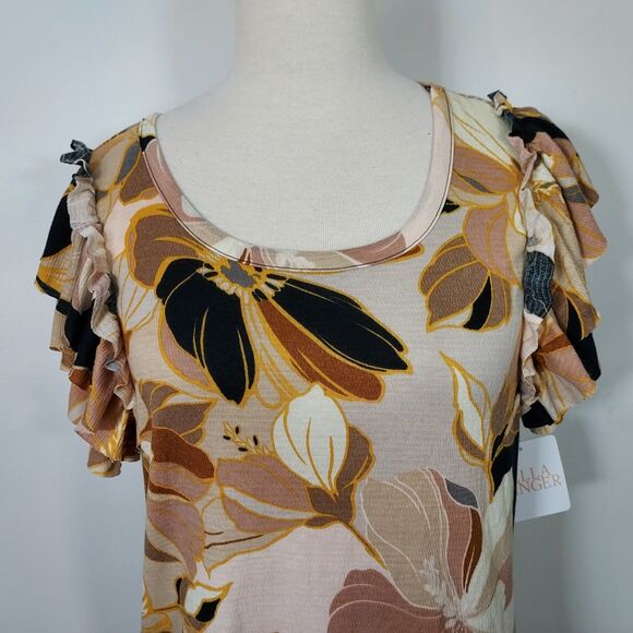 Stella + Ginger Shirt Top Ruffled Short Sleeve Stretch Floral Womens Large NWT - Picture 3 of 15